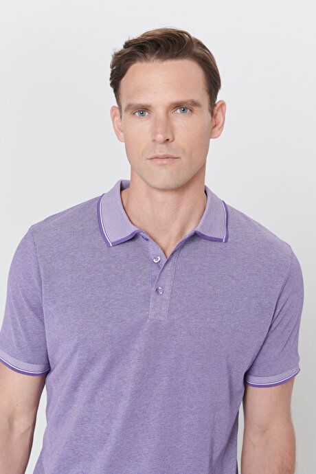 Slim Fit Slim Fit Untuckable Polo Collar Short Sleeve Purple-White T-Shirt 4A4820200047MBY