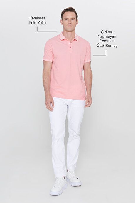 Slim Fit Slim Fit Slim Fit Untuckable Polo Collar Short Sleeve Pink White T-Shirt 4A4820200047PBY