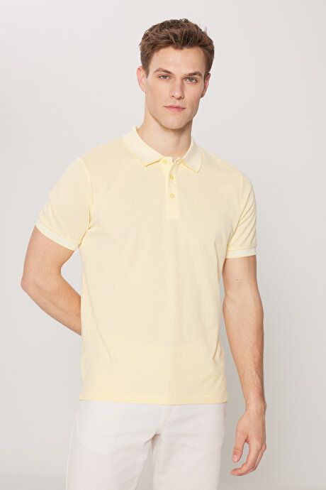 Slim Fit Slim Fit Slim Fit Untuckable Polo Collar Short Sleeve Yellow-White T-Shirt 4A4820200047SBZ