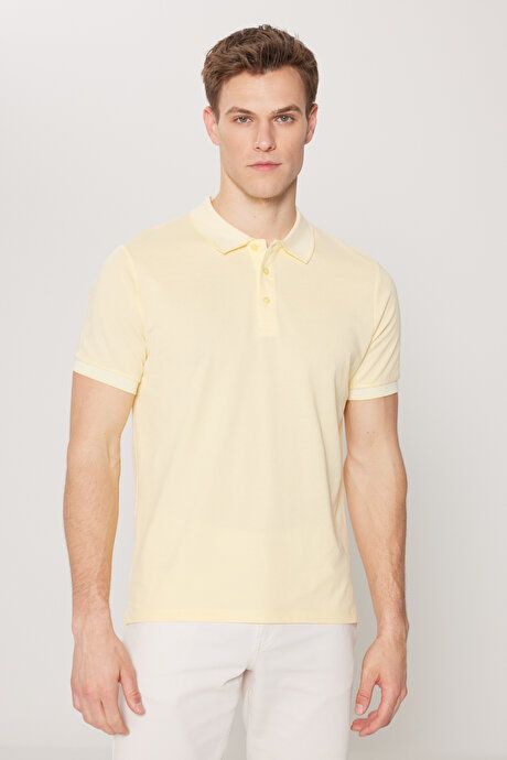 Slim Fit Slim Fit Slim Fit Untuckable Polo Collar Short Sleeve Yellow-White T-Shirt 4A4820200047SBZ