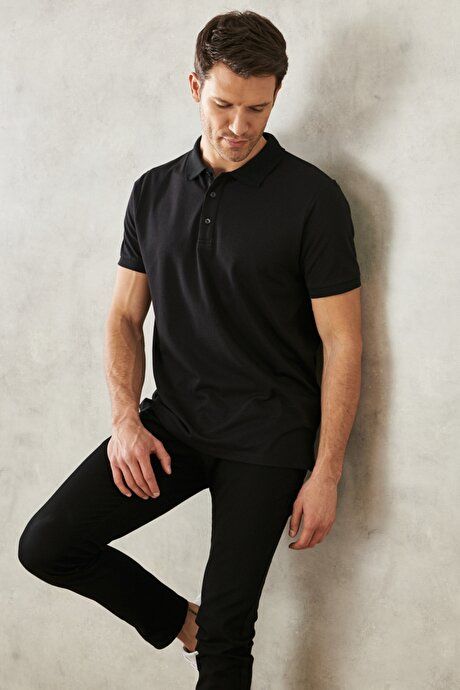 Slim Fit Slim Fit Slim Fit Untuckable Polo Collar Short Sleeve Black-Black T-Shirt 4A4820200047SSS