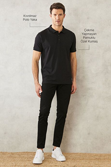 Slim Fit Slim Fit Slim Fit Untuckable Polo Collar Short Sleeve Black-Black T-Shirt 4A4820200047SSS