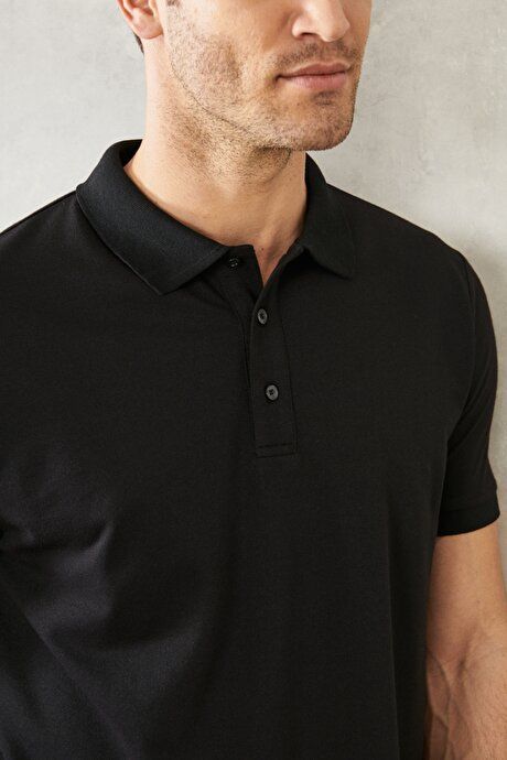 Slim Fit Slim Fit Slim Fit Untuckable Polo Collar Short Sleeve Black-Black T-Shirt 4A4820200047SSS