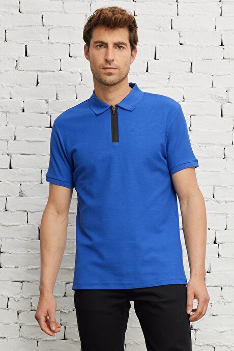 Slim Fit Slim Fit Polo Collar 100% Cotton Honeycomb Patterned Short Sleeve Saks T-Shirt 4A4823200060SKS