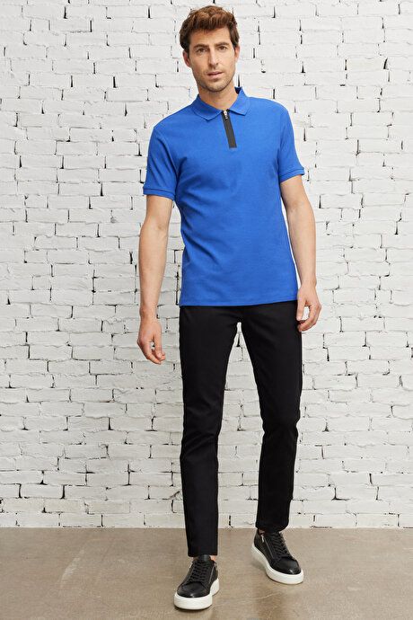 Slim Fit Slim Fit Polo Collar 100% Cotton Honeycomb Patterned Short Sleeve Saks T-Shirt 4A4823200060SKS