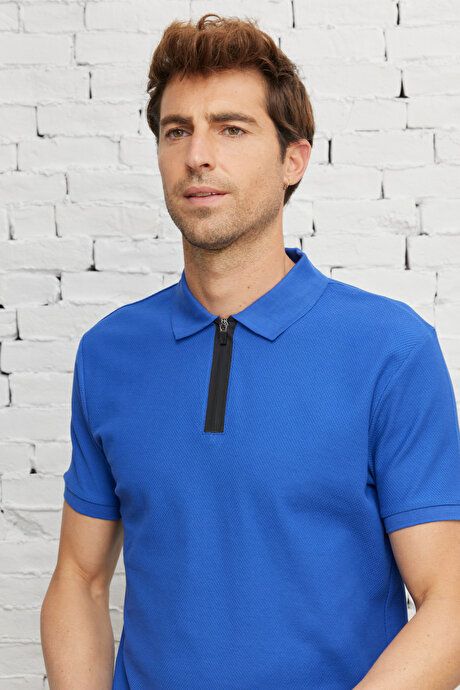 Slim Fit Slim Fit Polo Collar 100% Cotton Honeycomb Patterned Short Sleeve Saks T-Shirt 4A4823200060SKS