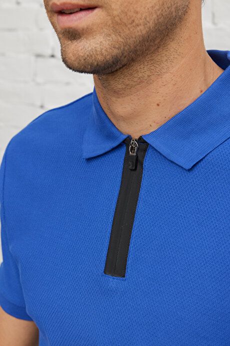 Slim Fit Slim Fit Polo Collar 100% Cotton Honeycomb Patterned Short Sleeve Saks T-Shirt 4A4823200060SKS