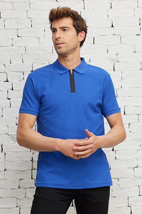 Slim Fit Slim Fit Polo Collar 100% Cotton Honeycomb Patterned Short Sleeve Saks T-Shirt 4A4823200060SKS