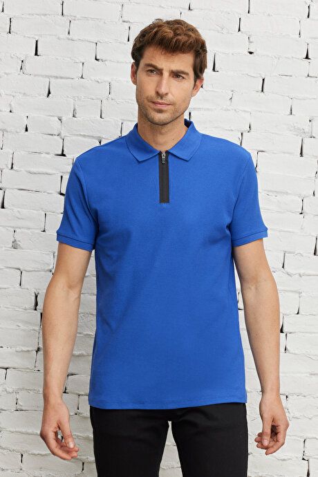 Slim Fit Slim Fit Polo Collar 100% Cotton Honeycomb Patterned Short Sleeve Saks T-Shirt 4A4823200060SKS