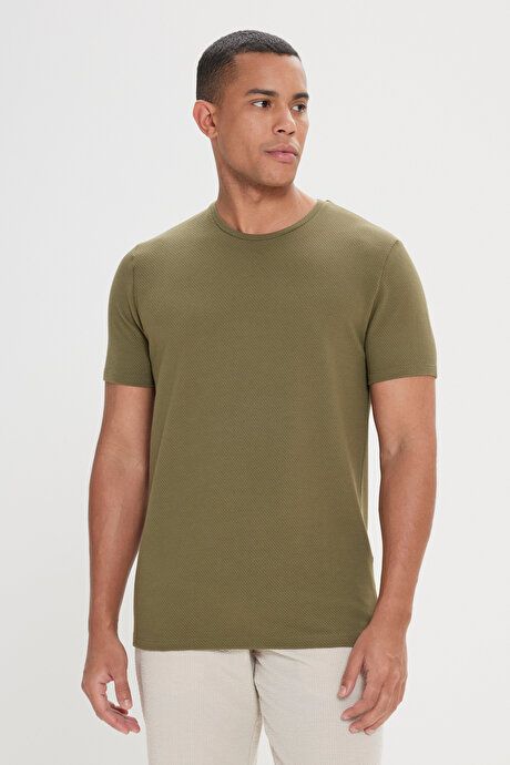 Slim Fit Slim Fit Crew Neck Short Sleeve Soft Touch Basic Khaki T-Shirt 4A4823200065HAK