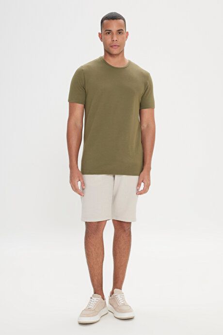 Slim Fit Slim Fit Crew Neck Short Sleeve Soft Touch Basic Khaki T-Shirt 4A4823200065HAK