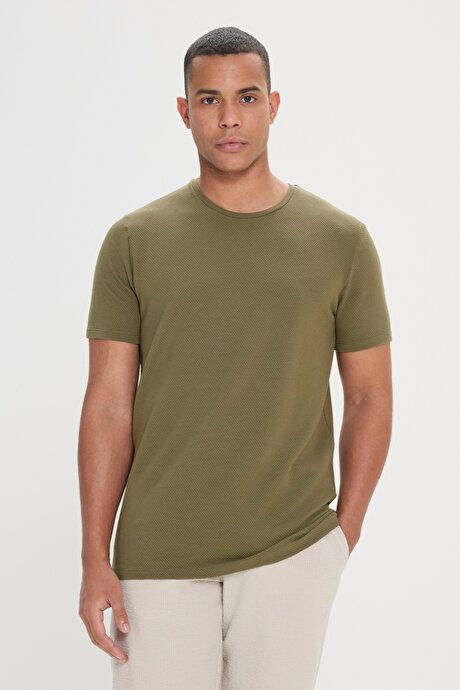 Slim Fit Slim Fit Crew Neck Short Sleeve Soft Touch Basic Khaki T-Shirt 4A4823200065HAK