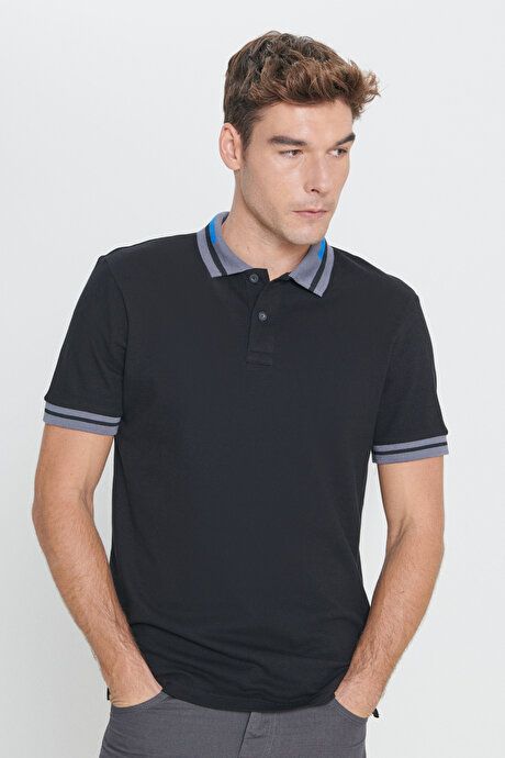 Slim Fit Slim Fit Polo Collar 100% Cotton Black T-Shirt 4A4823200218SYH