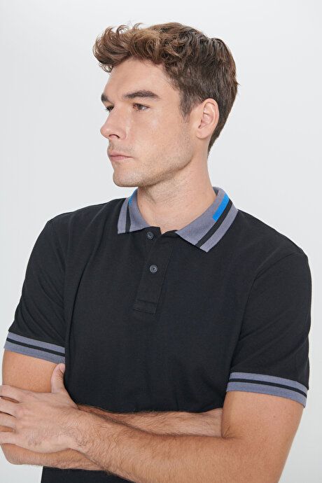 Slim Fit Slim Fit Polo Collar 100% Cotton Black T-Shirt 4A4823200218SYH