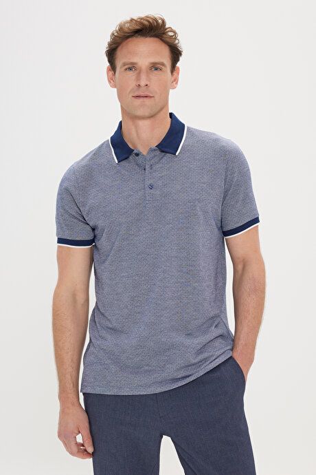 Slim Fit Slim Fit Polo Collar Jacquard Navy Blue T-Shirt 4A482424200024LAC