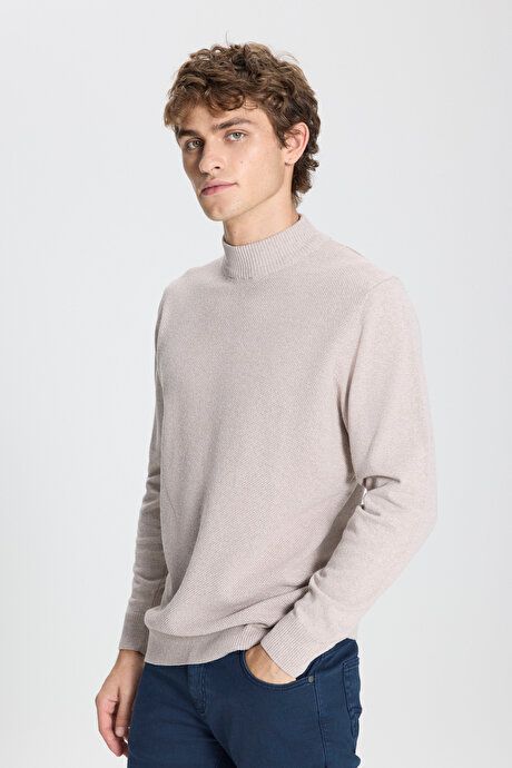 Standard Fit Regular Fit Half Turtleneck Cotton Beige Sweater 4A4921100008BEJ