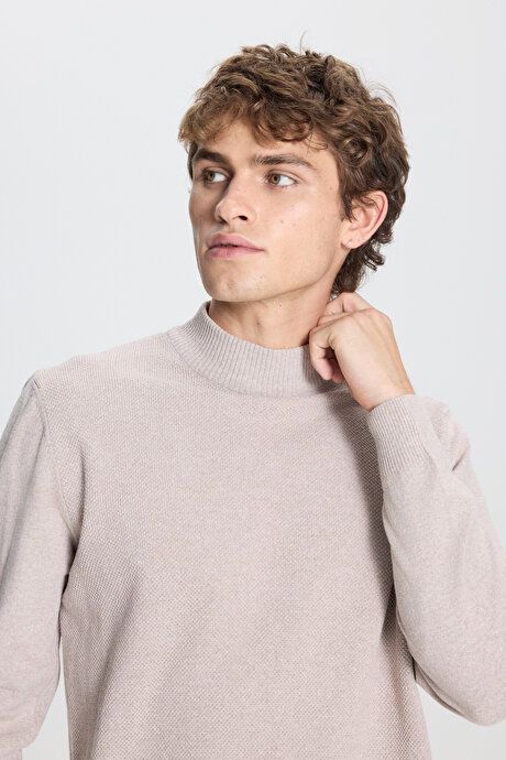 Standard Fit Regular Fit Half Turtleneck Cotton Beige Sweater 4A4921100008BEJ