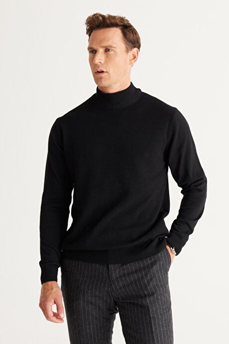 Standard Fit Regular Fit Half Turtleneck Cotton Black Sweater 4A4921100008SYH