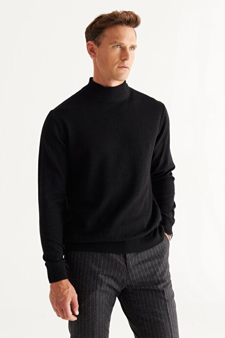 Standard Fit Regular Fit Half Turtleneck Cotton Black Sweater 4A4921100008SYH