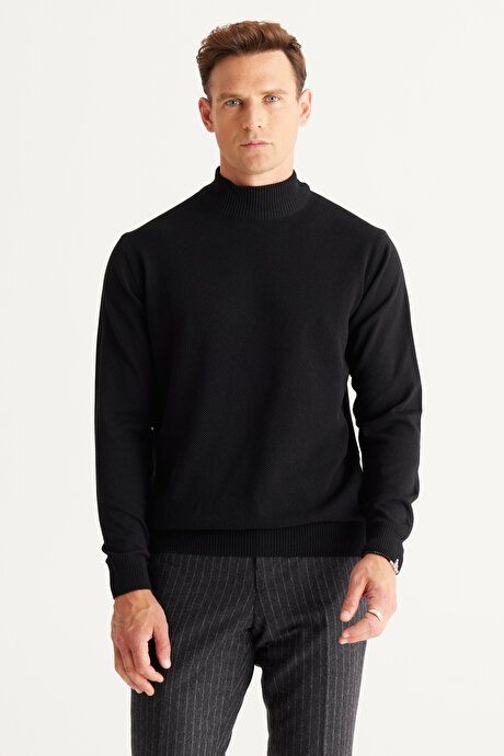 Standard Fit Regular Fit Half Turtleneck Cotton Black Sweater 4A4921100008SYH