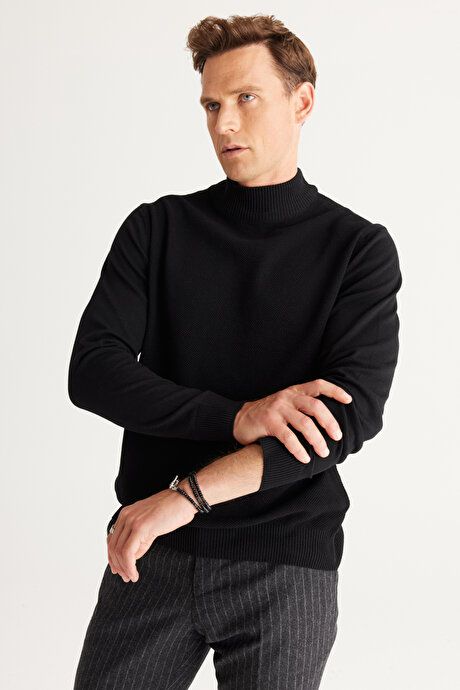 Standard Fit Regular Fit Half Turtleneck Cotton Black Sweater 4A4921100008SYH