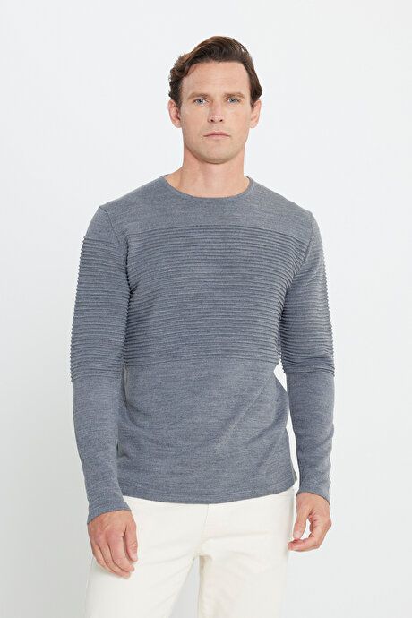 Anti-Pilling Non-Pilling Standard Fit Crew-Neck Line Textured Anthracite-Melange Sweater 4A4921100065ANM