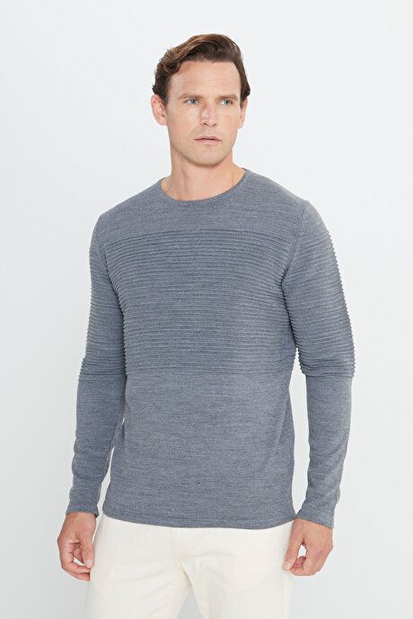 Anti-Pilling Non-Pilling Standard Fit Crew-Neck Line Textured Anthracite-Melange Sweater 4A4921100065ANM