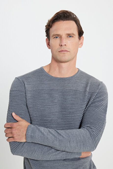 Anti-Pilling Non-Pilling Standard Fit Crew-Neck Line Textured Anthracite-Melange Sweater 4A4921100065ANM