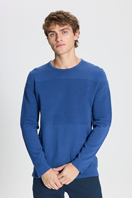 Anti-Pilling Non-Pilling Standard Fit Crew-Neck Line Textured Indigo Sweater 4A4921100065IND