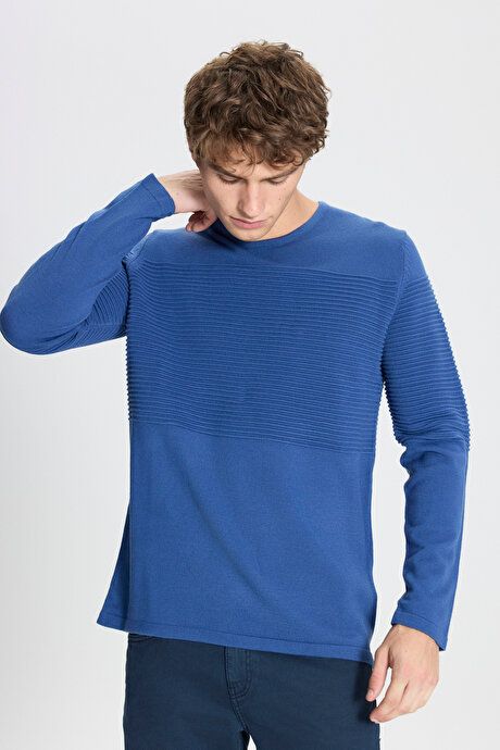 Anti-Pilling Non-Pilling Standard Fit Crew-Neck Line Textured Indigo Sweater 4A4921100065IND