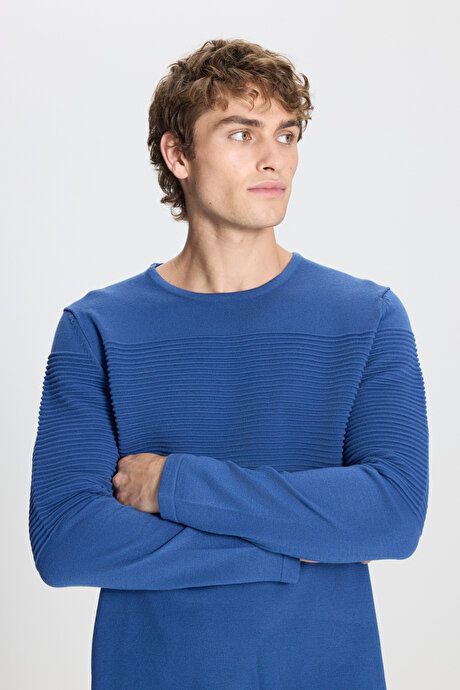 Anti-Pilling Non-Pilling Standard Fit Crew-Neck Line Textured Indigo Sweater 4A4921100065IND