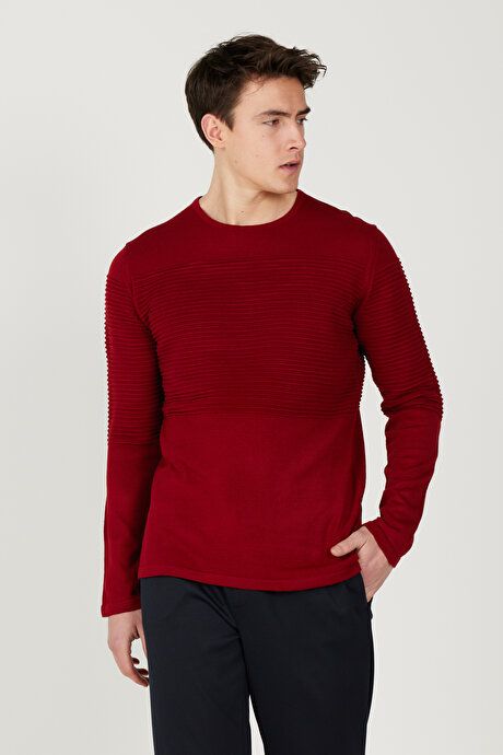 Anti-Pilling Non-Pilling Standard Fit Crew-Neck Line Textured Red Sweater 4A4921100065KMZ