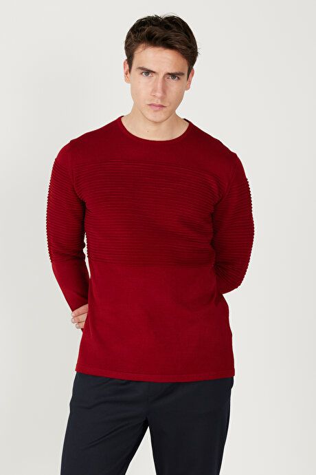 Anti-Pilling Non-Pilling Standard Fit Crew-Neck Line Textured Red Sweater 4A4921100065KMZ