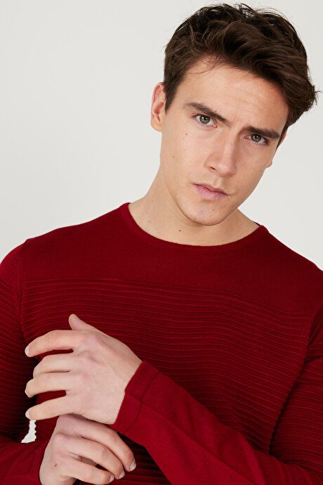 Anti-Pilling Non-Pilling Standard Fit Crew-Neck Line Textured Red Sweater 4A4921100065KMZ