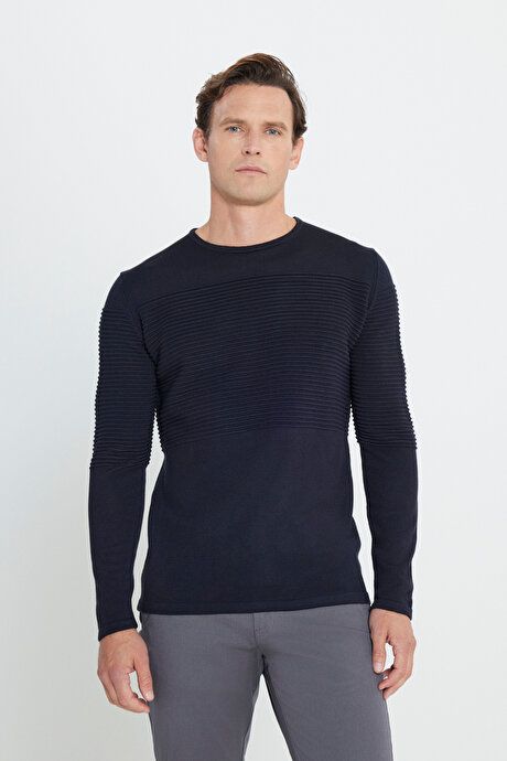 Anti-Pilling Non-Pilling Standard Fit Crew-Neck Line Textured Navy Blue Sweater 4A4921100065LAC