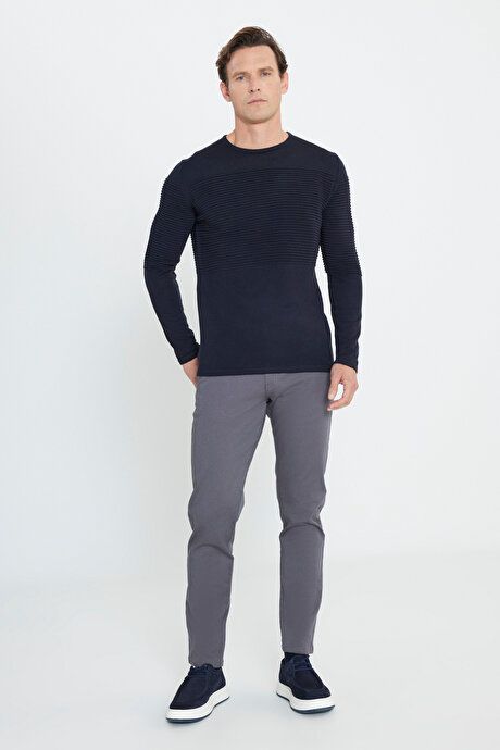 Anti-Pilling Non-Pilling Standard Fit Crew-Neck Line Textured Navy Blue Sweater 4A4921100065LAC