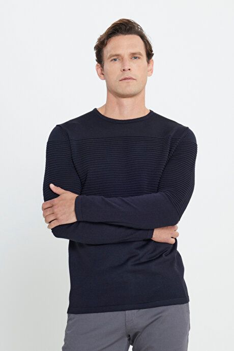 Anti-Pilling Non-Pilling Standard Fit Crew-Neck Line Textured Navy Blue Sweater 4A4921100065LAC