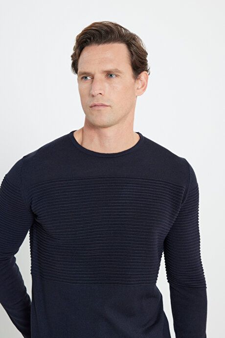 Anti-Pilling Non-Pilling Standard Fit Crew-Neck Line Textured Navy Blue Sweater 4A4921100065LAC