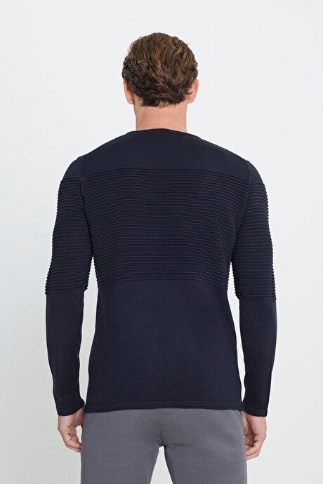 Anti-Pilling Non-Pilling Standard Fit Crew-Neck Line Textured Navy Blue Sweater 4A4921100065LAC