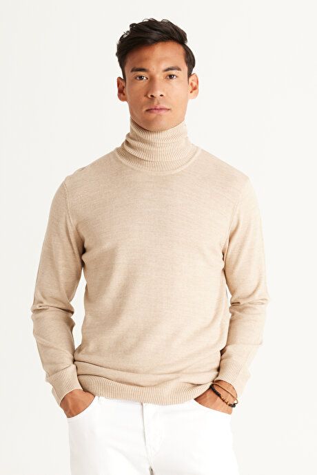 Standard Fit Non-Pilling Full Turtleneck Beige Sweater 4A4922100004BEJ