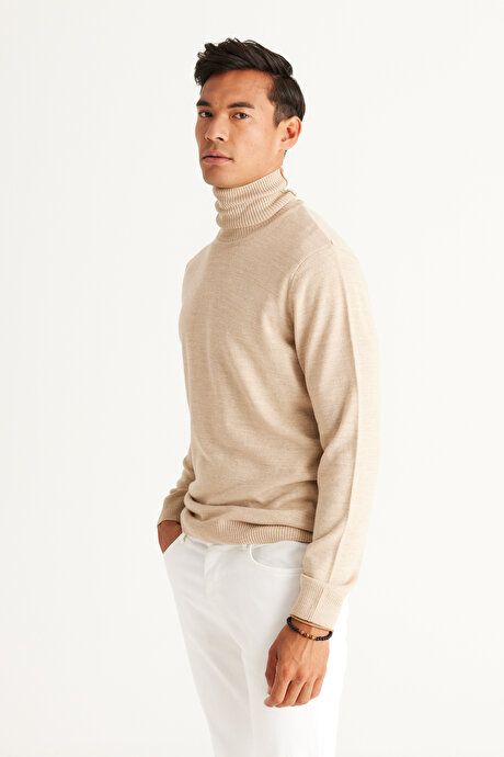 Standard Fit Non-Pilling Full Turtleneck Beige Sweater 4A4922100004BEJ