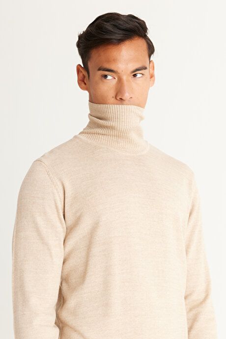 Standard Fit Non-Pilling Full Turtleneck Beige Sweater 4A4922100004BEJ