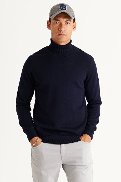 Standard Fit Non-Pilling Full Turtleneck Navy Blue Sweater 4A4922100004LAC