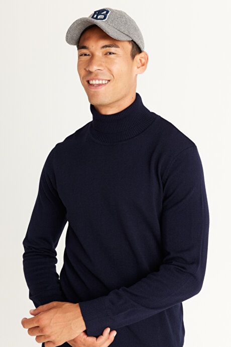 Standard Fit Non-Pilling Full Turtleneck Navy Blue Sweater 4A4922100004LAC