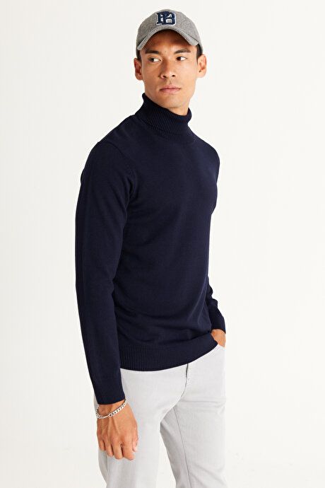 Standard Fit Non-Pilling Full Turtleneck Navy Blue Sweater 4A4922100004LAC