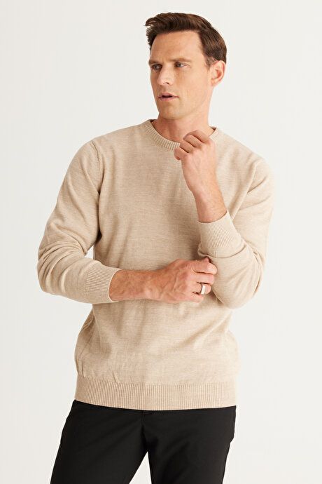 Anti-Pilling Non-Pilling Standard Fit Regular Fit Crew-Neck Sweater Beige Sweater 4A4923100001BEJ