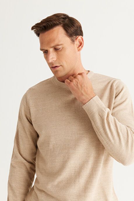 Anti-Pilling Non-Pilling Standard Fit Regular Fit Crew-Neck Sweater Beige Sweater 4A4923100001BEJ