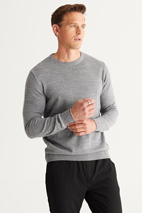 Anti-Pilling Non-Pilling Standard Fit Regular Fit Crew-Neck Sweater Gray Melange Sweater 4A4923100001GMJ