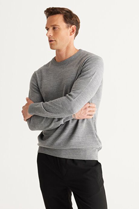 Anti-Pilling Non-Pilling Standard Fit Regular Fit Crew-Neck Sweater Gray Melange Sweater 4A4923100001GMJ