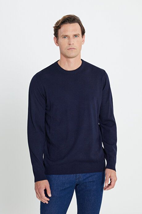 Anti-Pilling Non-Pilling Standard Fit Regular Fit Crew-Neck Sweater Navy Blue Sweater 4A4923100001LAC